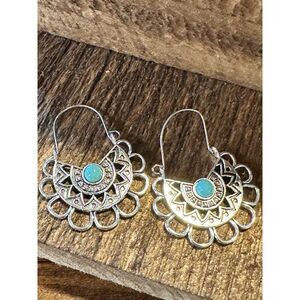Boho Vintage Chic Southwestern Lace Dangle Wire Earrings, Silver Plated, Gift B